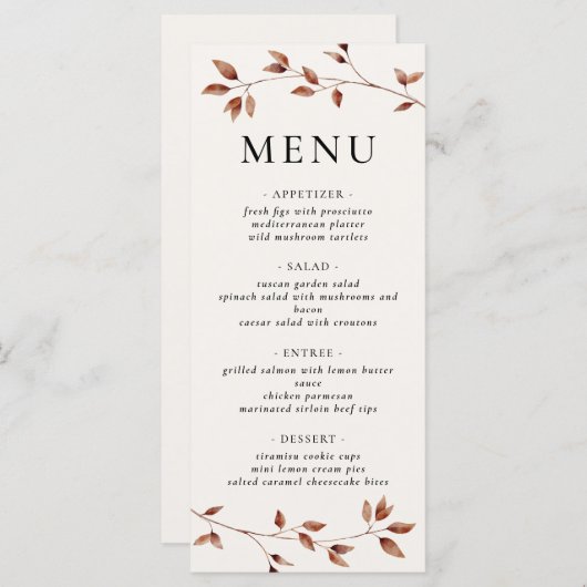 Minimalistische bladeren moderne herfst bruiloft menu (Voorkant / Achterkant)