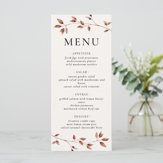 Minimalistische bladeren moderne herfst bruiloft menu (Staand voorkant)