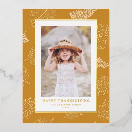 Minimalistische bladeren Patroon Happy Thanksgivin Folie Feestdagen Briefkaart (Voorkant)