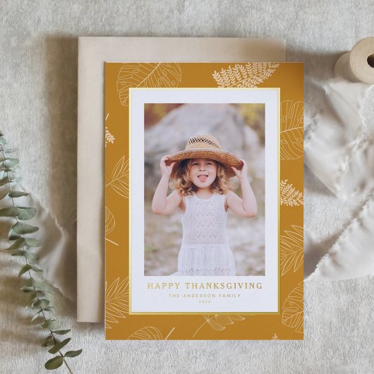 Minimalistische bladeren Patroon Happy Thanksgivin Folie Feestdagen Briefkaart
