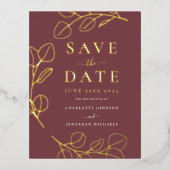 Minimalistische bladeren Stijlvolle Bourgondische  Folie Uitnodiging Briefkaart (Voorkant)