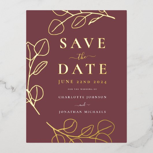 Minimalistische bladeren Stijlvolle Bourgondische  Folie Uitnodiging Briefkaart (Voorkant)