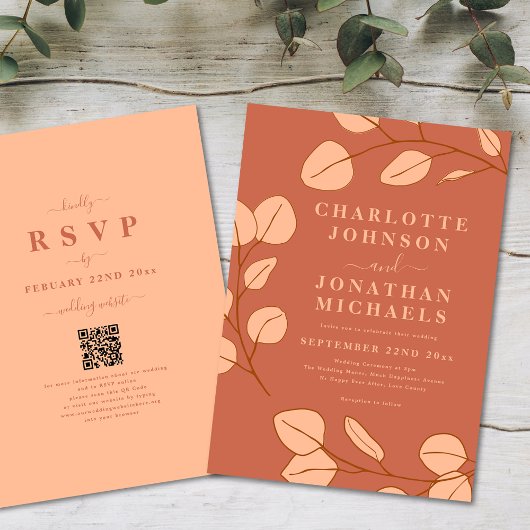 Minimalistische bladeren Terracotta Fall Wedding Kaart