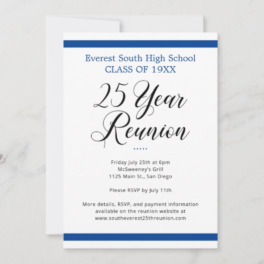 Minimalistische Blauw-Wit 25 Jaar Klasse Reünie Kaart (Voorkant)