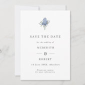 Minimalistische blauwe aquarel distel trouw QR-cod Save The Date (Voorkant)