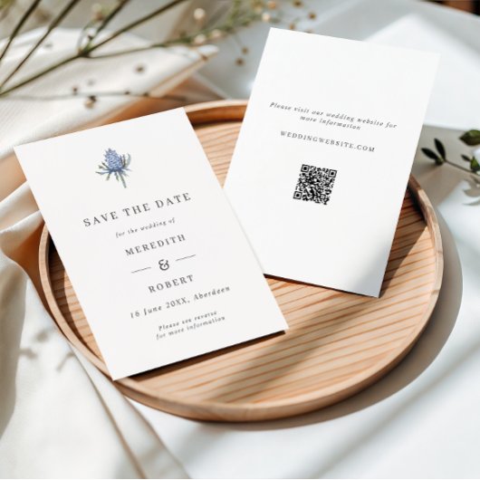 Minimalistische blauwe aquarel distel trouw QR-cod Save The Date