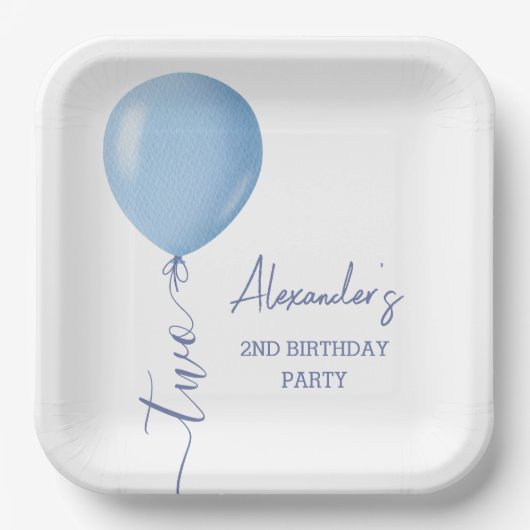 Minimalistische blauwe ballon jongen 2e verjaardag papieren bordje (Voorkant)