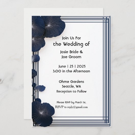 Minimalistische blauwe bloem bruiloft uitnodiging (Voorkant / Achterkant)