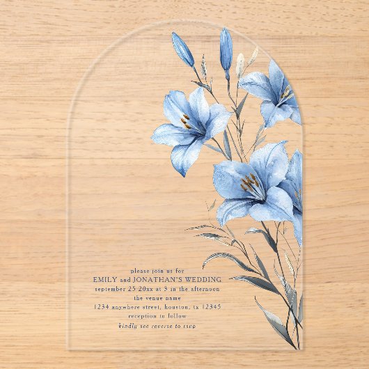 Minimalistische Blauwe Bloemen QR Code Trouwboog Acryl Uitnodigingen (Voorkant)