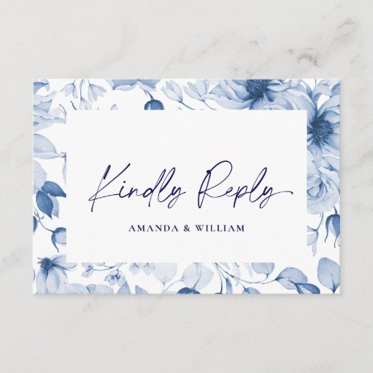 Minimalistische blauwe bloemen RSVP-kaart – vriend Informatiekaartje (Voorkant)