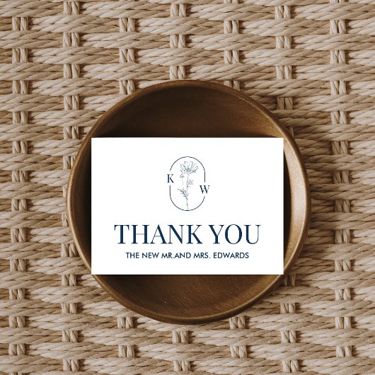 Minimalistische blauwe bloemenbruiloft bedankkaart