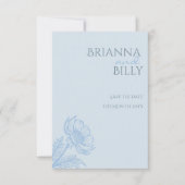 Minimalistische blauwe bloemenbruiloft save the date (Voorkant)