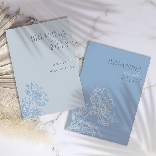Minimalistische blauwe bloemenbruiloft save the date
