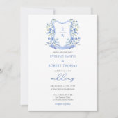 Minimalistische blauwe bloemenkam monogram bruilof kaart (Voorkant)