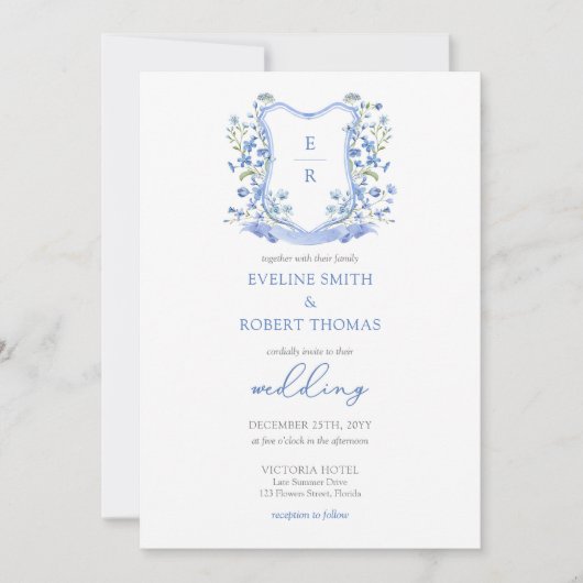 Minimalistische blauwe bloemenkam monogram bruilof kaart (Voorkant)