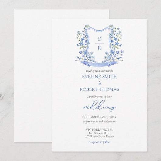 Minimalistische blauwe bloemenkam monogram bruilof kaart (Voorkant / Achterkant)