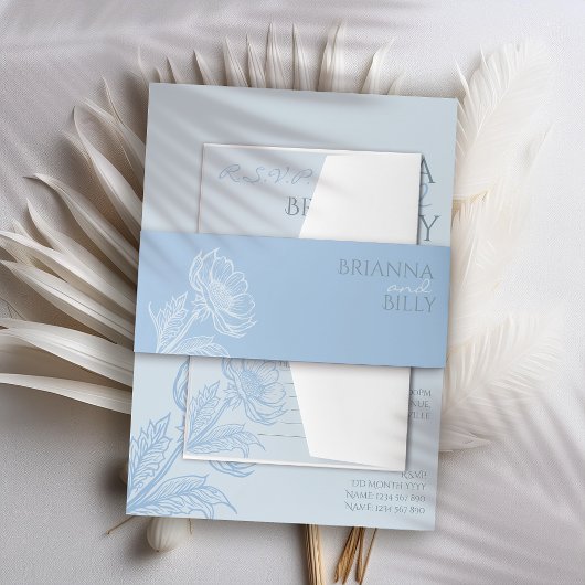 Minimalistische Blauwe Bloemige Bruiloft Uitnodigingen Wikkel