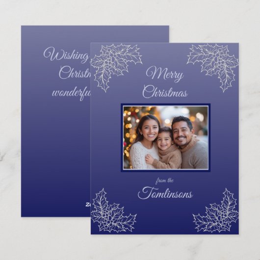 Minimalistische Blauwe Botanische Foto Kerstmis Feestdagenkaart (Voorkant / Achterkant)