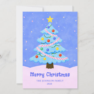 Minimalistische Blauwe en Roze Kerstboom Feestdagenkaart