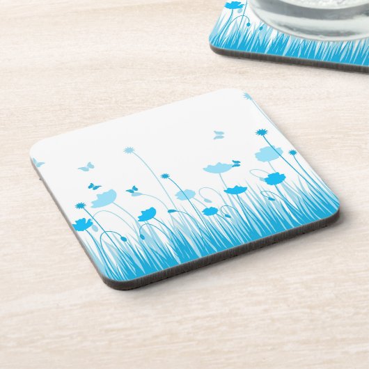 Minimalistische blauwe en witte klaprozen weide bl drankjes onderzetter (Linkerzijde)