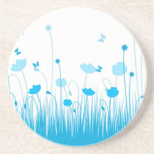 Minimalistische blauwe en witte klaprozen weide bl zandsteen onderzetter