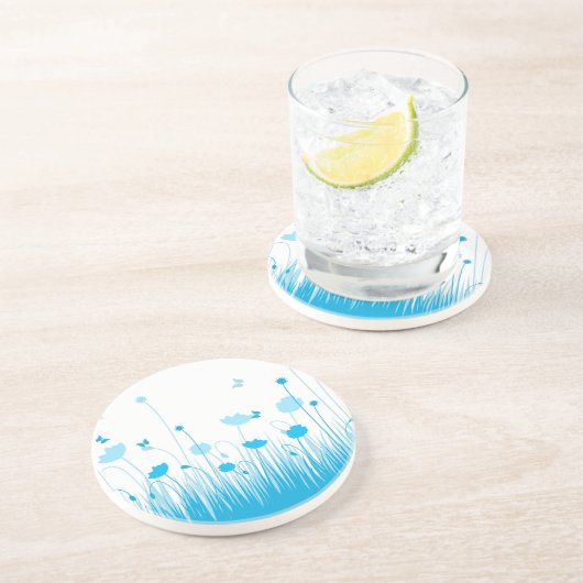 Minimalistische blauwe en witte klaprozen weide bl zandsteen onderzetter (Zijkant)