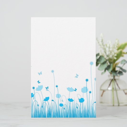 Minimalistische Blauwe en Witte Poppies Meadow Flo Briefpapier (Staand voorkant)