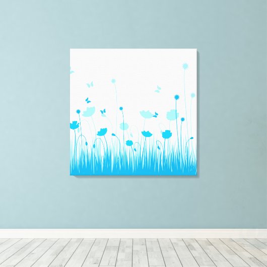 Minimalistische Blauwe en Witte Poppies Meadow Flo Canvas Afdruk (Insitu (Houten vloer))