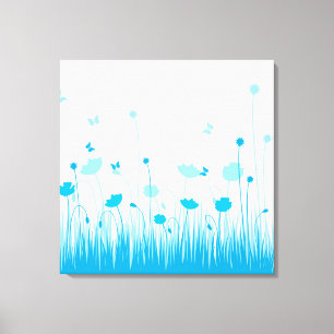 Minimalistische Blauwe en Witte Poppies Meadow Flo Canvas Afdruk