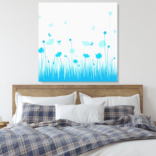 Minimalistische Blauwe en Witte Poppies Meadow Flo Canvas Afdruk (Insitu (Slaapkamer))