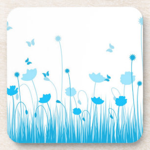 Minimalistische Blauwe en Witte Poppies Meadow Flo Drankjes Onderzetter