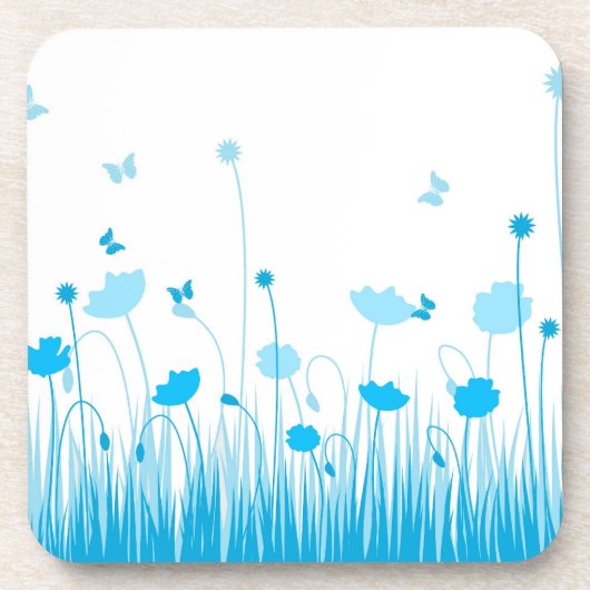 Minimalistische Blauwe en Witte Poppies Meadow Flo Drankjes Onderzetter (Voorkant)