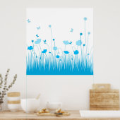 Minimalistische Blauwe en Witte Poppies Meadow Flo Poster (Keuken)