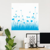 Minimalistische Blauwe en Witte Poppies Meadow Flo Poster (Thuiskantoor)