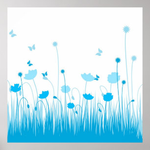 Minimalistische Blauwe en Witte Poppies Meadow Flo Poster