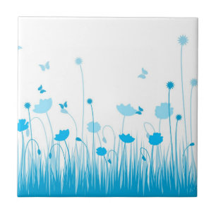Minimalistische Blauwe en Witte Poppies Meadow Flo Tegeltje
