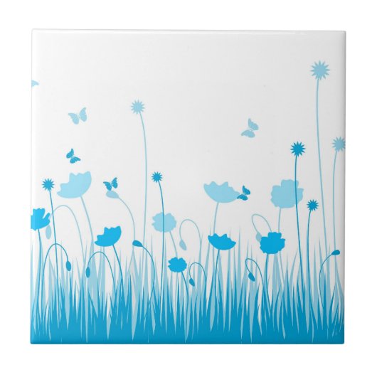 Minimalistische Blauwe en Witte Poppies Meadow Flo Tegeltje (Voorkant)