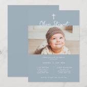 Minimalistische blauwe foto doop doop kaart (Voorkant / Achterkant)