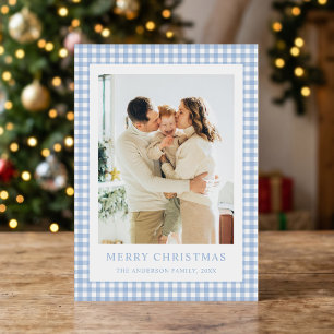Minimalistische Blauwe Gingham Kerst Foto Feestdagenkaart