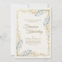 Minimalistische blauwe gouden bloemige trouwuitnod
