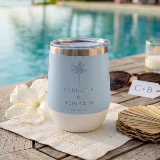 Minimalistische blauwe palmboom lijngrafiek aangep