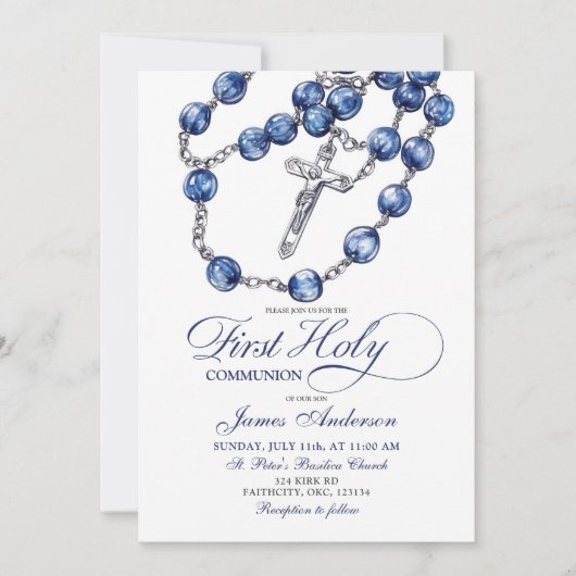 Minimalistische Blauwe Rozenkrans Jongen Doopuitno Kaart (Voorkant)