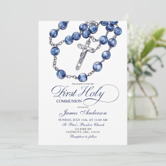 Minimalistische Blauwe Rozenkrans Jongen Doopuitno Kaart (Staand voorkant)