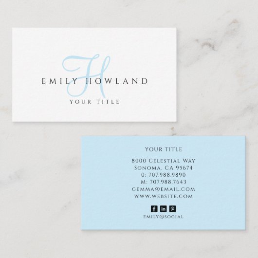 Minimalistische Blauwe Script Monogram Naam Visitekaartje (Voorkant / Achterkant)