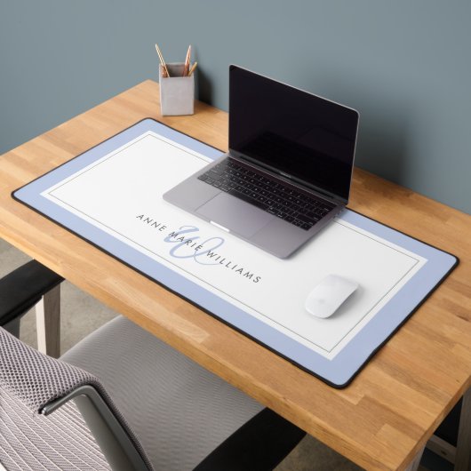 Minimalistische blauwe script twee rand monogram bureaumat (Kantoor 2)
