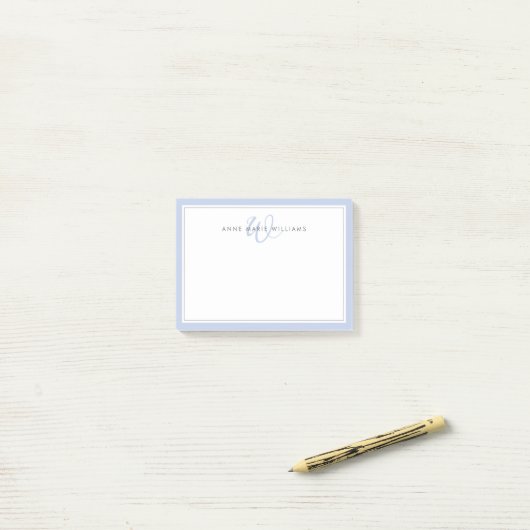Minimalistische Blauwe Script Twee Rand Monogram  Post-it® Notes (Op bureau)