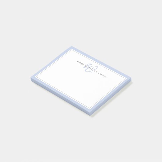 Minimalistische Blauwe Script Twee Rand Monogram Post-it® Notes (Schuin)