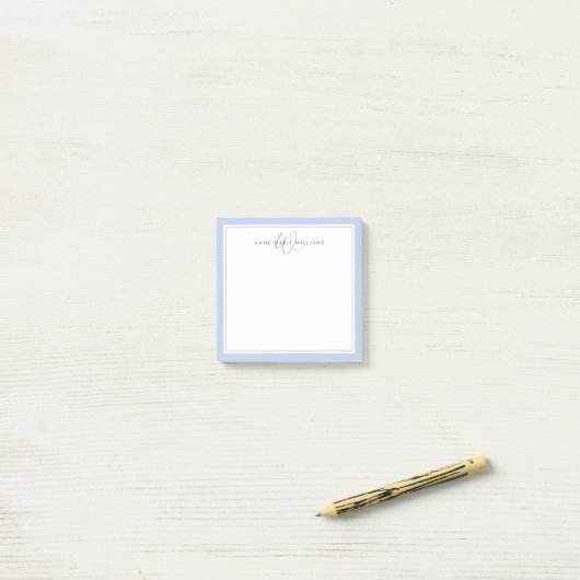 Minimalistische blauwe script twee rand monogram  post-it® notes (Op bureau)