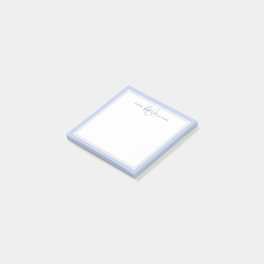 Minimalistische blauwe script twee rand monogram  post-it® notes (Schuin)