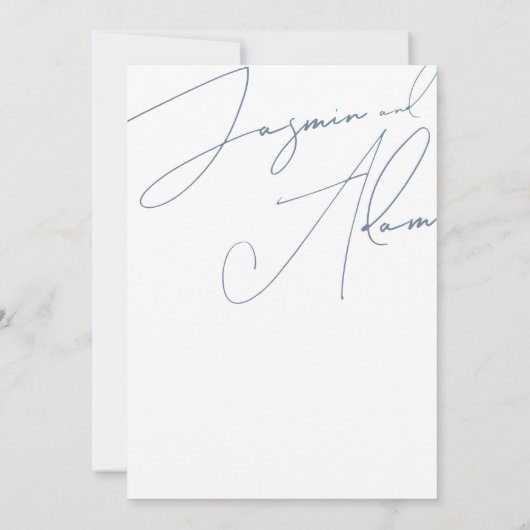 Minimalistische Blauwe Script Typografie Bruiloft Kaart (Achterkant)